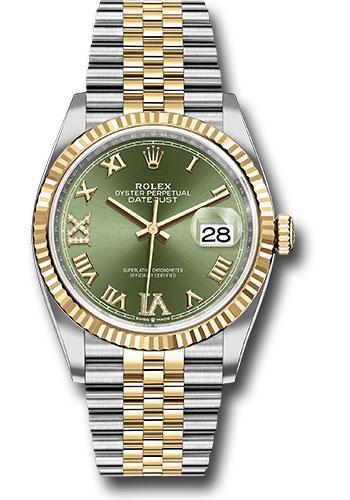 Rolex Datejust 126233 Steel and Yellow Gold Rolesor 36 Fluted Bezel - Olive Green Roman Dial - Jubilee Bracelet - ogdr69j