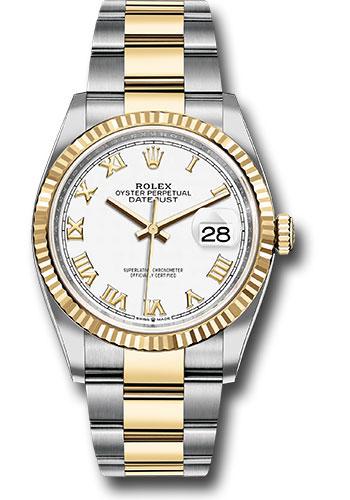 Rolex Datejust 126233 Steel and Yellow Gold Rolesor 36 Fluted Bezel - White Roman Dial - Oyster Bracelet - wro