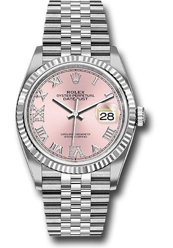 Rolex Datejust 126234 Steel 36 Fluted Bezel - Pink Diamond Roman VI and IX Dial - Jubilee Bracelet - 2019 Release - pdr69j