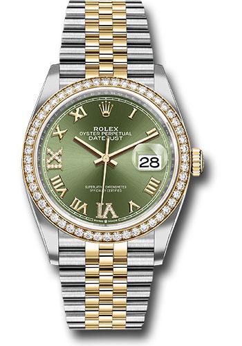 Rolex Datejust 126283RBR Steel and Yellow Gold Rolesor 36 Yellow Diamond Bezel - Olive Green Roman Dial - Jubilee Bracelet - ogdr69j