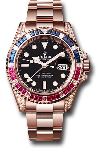 Rolex GMT-Master II 126755SARU Everose 40 Diamond Lugs - Diamond Sapphire Emerald Bezel - Black Dial - Oyster Bracelet - bk