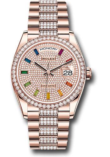 Rolex Day-Date 128345RBR Everose Gold 36 Diamond Bezel - Diamond-Paved Rainbow Sapphire Dial - Diamond President Bracelet - dprsdp