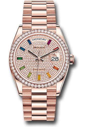 Rolex Day-Date 128345RBR Everose Gold 36 Diamond Bezel - Diamond-Paved Rainbow Sapphire Dial - President Bracelet - dprsp