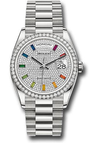 Rolex Day-Date 128349RBR White Gold 36 Diamond Bezel - Diamond Paved Rainbow Sapphire Dial - President Bracelet - dprsp