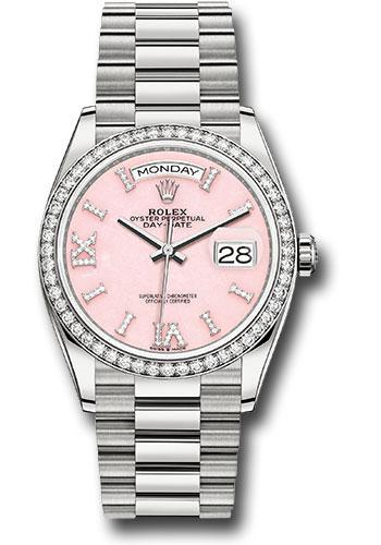 Rolex Day-Date 128349RBR White Gold 36 Diamond Bezel - Pink Opal Diamond Hour Marker Dial - President Bracelet - podhmp