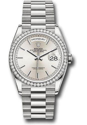 Rolex Day-Date 128349RBR White Gold 36 Diamond Bezel - Silver Index Dial - President Bracelet - sip