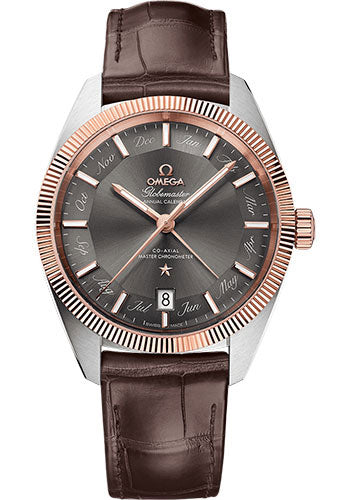 Omega Constellation 130.23.41.22.06.001 Globemaster Co-Axial Master Chronometer Annual Calendar 41mm Steel And Sedna Gold Case - Sedna Gold Fluted Bezel - Grey Dial - Brown Leather Strap
