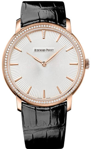 Audemars Piguet Jules Audemars 15182OR.ZZ.A102CR.01 Extra-Thin 41mm Silver Index Diamond Bezel Rose Gold Leather Main image