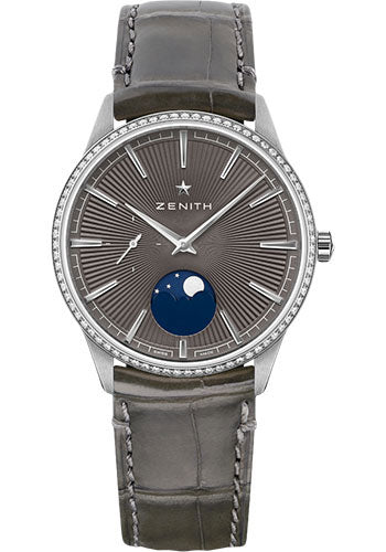 Zenith 16.3200.692/03.C833 Elite Moonphase Steel - Diamond Bezel - Slate-Grey Dial - Grey Alligator Strap Main image