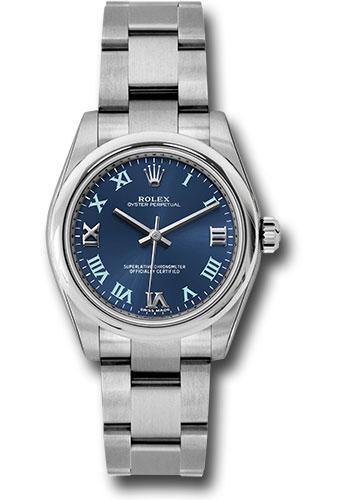 Rolex Oyster Perpetual 177200 Steel 31 Domed Bezel - Azzuro Blue Gold Iii VI Ix Roman Dial - blro