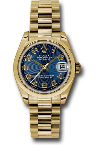 Rolex Datejust 178248 Yellow Gold 31 Domed Bezel - Blue Concentric Circle Arabic Dial - President Bracelet - blcap