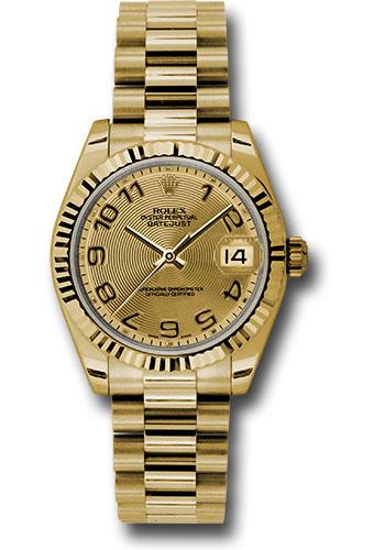 Rolex Datejust 178278 Yellow Gold 31 Fluted Bezel - Champagne Concentric Circle Arabic Dial - President Bracelet - chcap