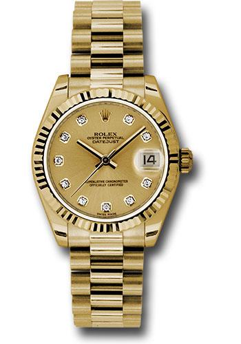 Rolex Datejust 178278 Yellow Gold 31 Fluted Bezel - Champagne Diamond Dial - President Bracelet - chdp