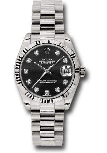 Rolex Datejust 178279 White Gold 31 Fluted Bezel - Black Diamond Dial - President Bracelet - bkdp