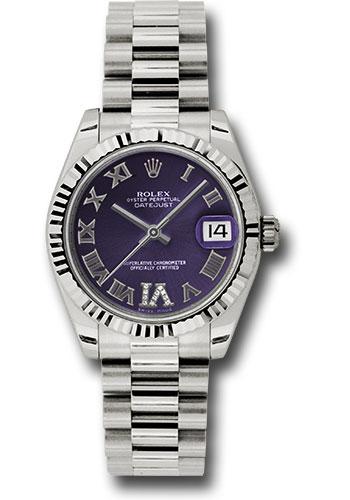 Rolex Datejust 178279 White Gold 31 Fluted Bezel - Purple Diamond Roman Vi Roman Dial - President Bracelet - pdrp