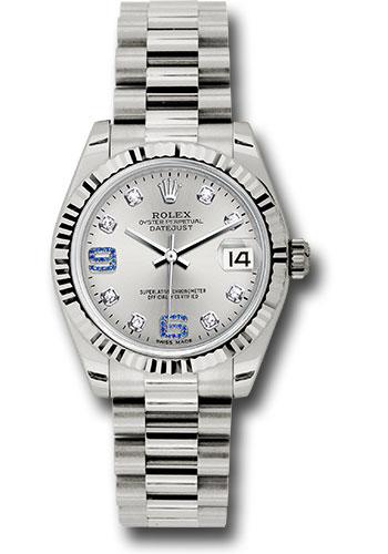 Rolex Datejust 178279 White Gold 31 Fluted Bezel - Silver Diamond Sapphire 6 And 9 Diamond Dial - President Bracelet - sdsap