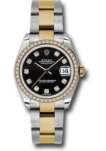 Rolex Datejust 178383 Steel and Yellow Gold 31 46 Diamond Bezel - Black Diamond Dial - Oyster Bracelet - bkdo