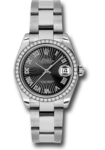 Rolex Datejust 178384 Steel and White Gold 31 46 Diamond Bezel - Black Sunbeam Roman Dial - Oyster Bracelet - bksbro