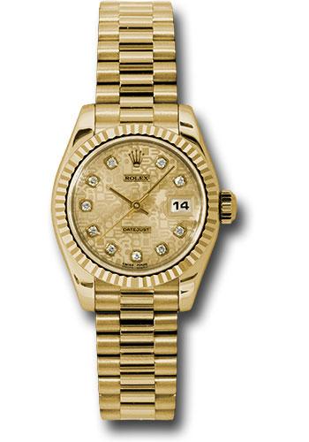 Rolex Lady-Datejust 179178 Yellow Gold 26 Fluted Bezel - Champagne Jubilee Diamond Dial - President Bracelet - chjdp