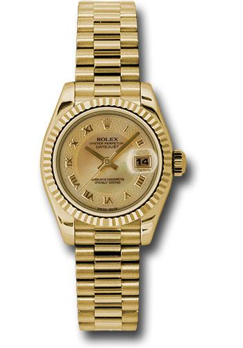 Rolex Lady-Datejust 179178 Yellow Gold 26 Fluted Bezel - Champagne Decorated Mother-Of-Pearl Roman Dial - President Bracelet - chmdrp