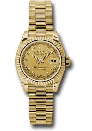 Rolex Lady-Datejust 179178 Yellow Gold 26 Fluted Bezel - Champagne Roman Dial - President Bracelet - chrp