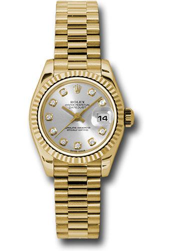 Rolex Lady-Datejust 179178 Yellow Gold 26 Fluted Bezel - Silver Diamond Dial - President Bracelet - sdp
