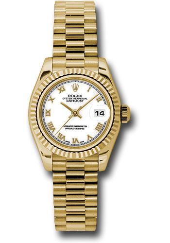 Rolex Lady-Datejust 179178 Yellow Gold 26 Fluted Bezel - White Roman Dial - President Bracelet - wrp
