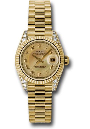Rolex Lady-Datejust 179238 Yellow Gold 26 Fluted Bezel - Champagne Decorated Mother-Of-Pearl Roman Dial - President Bracelet - chmdrp
