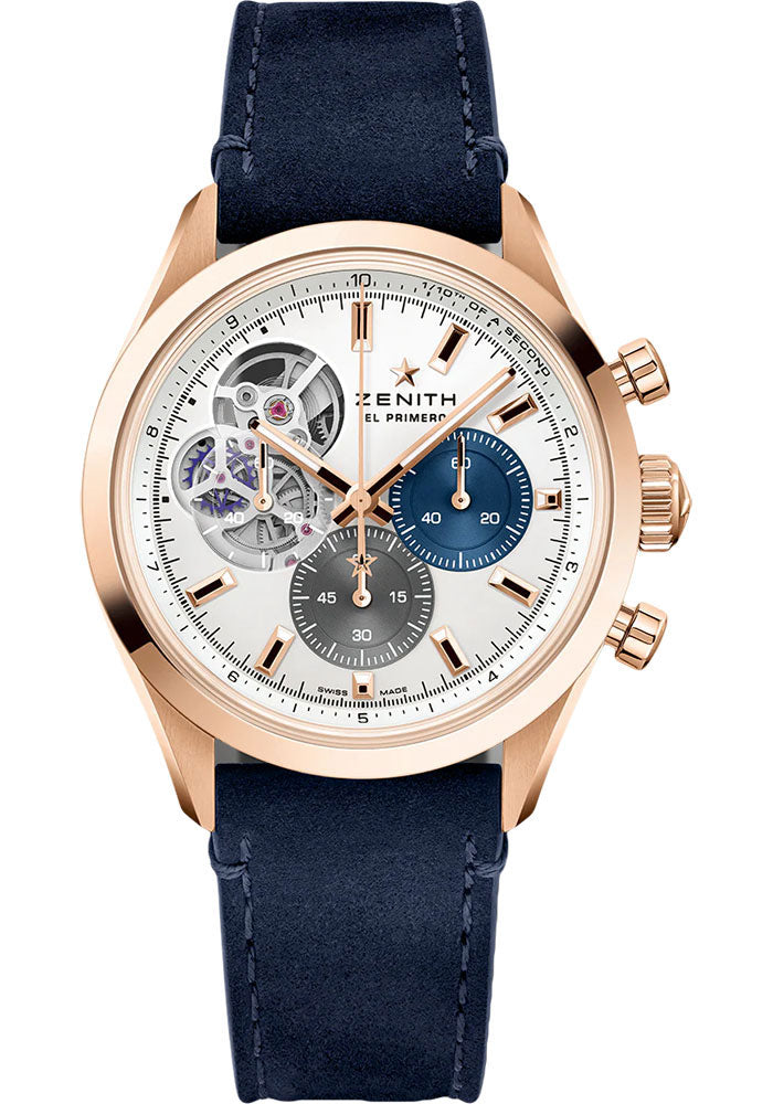 Zenith 18.3300.3604/69.C922 Chronomaster Open 39.5mm Rose Gold Case - Silver Matte Dial - Blue Calfskin Strap Main image