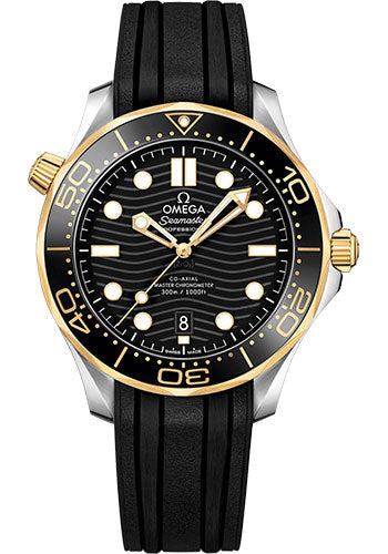 Omega Seamaster 210.22.42.20.01.001 Diver 300M Co-Axial Master Chronometer 42mm Steel And Yellow Gold Case - Unidirectional Bezel - Black Ceramic Dial - Black Rubber Strap