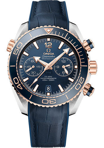 Omega 215.23.46.51.03.001 Planet Ocean 600 M Omega Co-axial Master Chronometer Chronograph 45.5mm Sedna Gold And Steel Case - Unidirectional Blue Ceramic Bezel - Blue Ceramic Dial - Blue Leather Strap