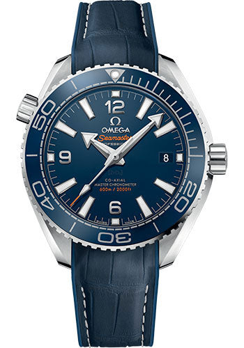 Omega 215.33.40.20.03.001 Planet Ocean 600M Co-Axial Master Chronometer 39.5mm Steel Case - Unidirectional Blue Cermaic Bezel - Black Dial - Blue Leather Strap