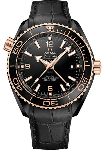 Omega 215.63.46.22.01.001 Planet Ocean 600 M Omega Co-axial Master Chronometer GMT Deep Black 45.5mm Black Ceramic Case - Sedna Gold Unidirectional Bezel - Black Dial - Black Water Resistant Leather S
