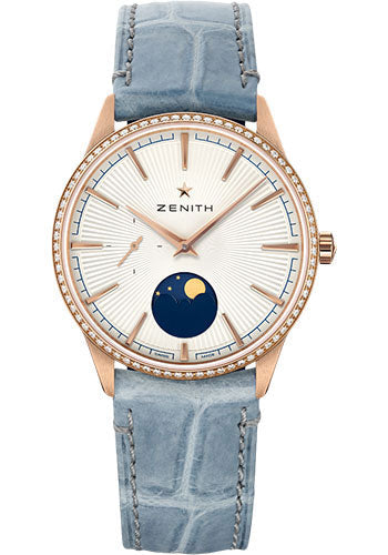 Zenith 22.3200.692/01.C832 Elite Moonphase Rose Gold - Diamond Bezel - Silver Dial - Blue Jean Alligator Strap Main image