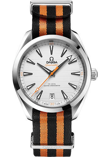 Omega 220.12.41.21.02.003 Aqua Terra 150M Co-Axial Master Chronometer Golf Edition 41mm Steel Case - Silvery Dial - Black And Orange Striped Nato Strap Main image