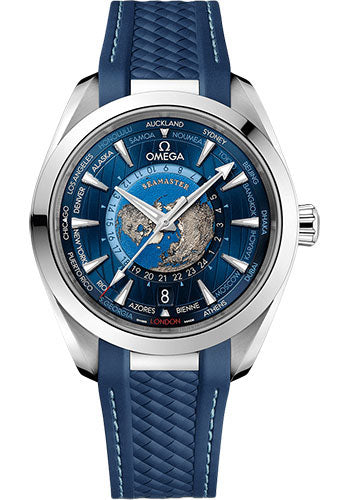 Omega Seamaster 220.12.43.22.03.001 Aqua Terra 150M Omega Co-Axial Master Chronometer GMT Worldtimer - 43mm Steel Case - Blue Dial - Blue Rubber Strap
