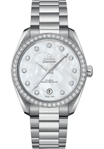 Omega Seamaster 220.15.38.20.55.001 Aqua Terra 150M Co-Axial Master Chronometer Ladies 38mm Steel Case - Diamond-Set Bezel - White Mother-Of-Pearl Diamond Dial