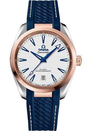 Omega 220.22.38.20.02.001 Aqua Terra 150M Co-Axial Master Chronometer 38mm Steel And Sedna Gold Case - Silvery Dial - Blue Structured Rubber Strap