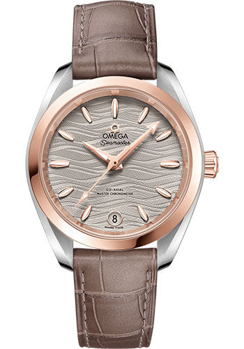 Omega Seamaster 220.23.34.20.06.001 Aqua Terra 150M Co-Axial Master Chronometer 34mm Steel And Sedna Gold Case - Waved Agate Grey Dial - Taupe-Brown Leather Strap