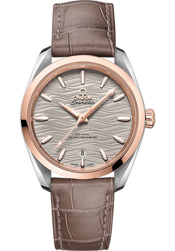 Omega Seamaster 220.23.38.20.06.001 Aqua Terra 150M Co-Axial Master Chronometer Ladies 38mm Steel And Sedna Gold Case - Waved Agate Grey Dial - Taupe-Brown Leather Strap