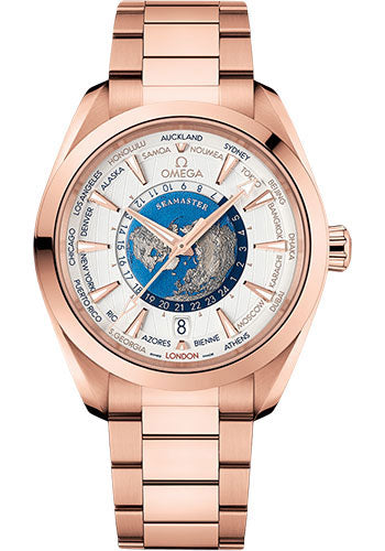 Omega Seamaster 220.50.43.22.02.001 Aqua Terra 150M Omega Co-Axial Master Chronometer GMT Worldtimer - 43mm Sedna Gold Case - Opaline Silvery Dial