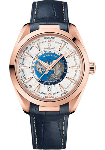 Omega Seamaster 220.53.43.22.02.001 Aqua Terra 150M Omega Co-Axial Master Chronometer GMT Worldtimer - 43mm Sedna Gold Case - Opaline Silvery Dial - Blue Leather Strap Main image