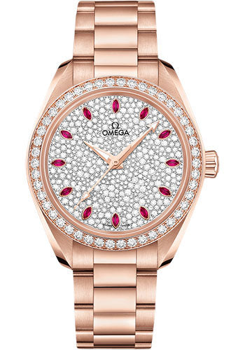 Omega Seamaster 220.55.34.20.99.001 Aqua Terra 150M Omega Co-Axial Master Chronometer - 34mm Sedna Gold Case - Diamond Bezel - Diamond Paved Ruby Dial