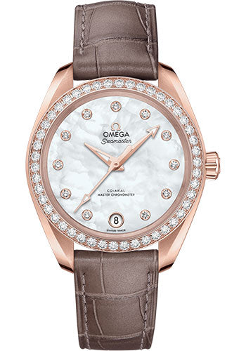 Omega Seamaster 220.58.34.20.55.001 Aqua Terra 150M Co-Axial Master Chronometer 34mm Sedna Gold Case - Diamond-Set Bezel - White Mother-Of-Pearl Diamond Dial - Taupe-Brown Leather Strap Main image