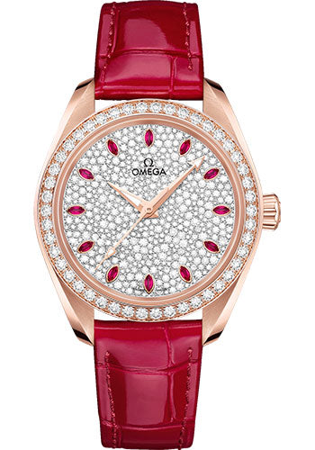 Omega Seamaster 220.58.34.20.99.001 Aqua Terra 150M Co-Axial Master Chronometer 34mm Sedna Gold Case - Diamond-Set Bezel - Radiant Diamond Dial - Glossy Red Leather Strap