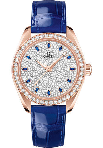 Omega Seamaster 220.58.34.20.99.002 Aqua Terra 150M Co-Axial Master Chronometer 34mm Sedna Gold Case - Diamond-Set Bezel - Radiant Diamond Dial - Glossy Blue Leather Strap Main image