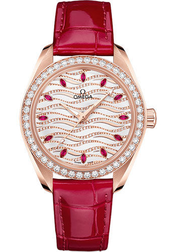 Omega Seamaster 220.58.34.20.99.004 Aqua Terra 150M Omega Co-Axial Master Chronometer - 34mm Sedna Gold Case - Diamond Bezel - White Diamond Wave Ruby Dial - Glossy Red Leather Strap Main image