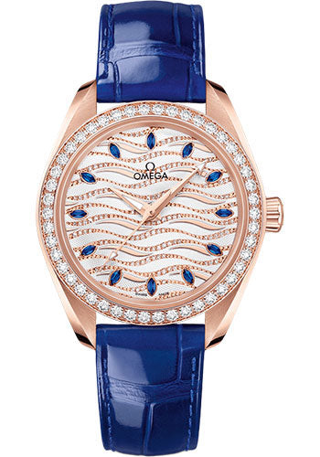 Omega Seamaster 220.58.34.20.99.005 Aqua Terra 150M Omega Co-Axial Master Chronometer - 34mm Sedna Gold Case - Diamond Bezel - White Diamond Wave Sapphire Dial - Glossy Blue Leather Strap Main image