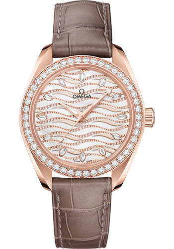 Omega Seamaster 220.58.34.20.99.006 Aqua Terra 150M Co-Axial Master Chronometer 34mm Sedna Gold Case - Diamond-Set Bezel - Radiant Diamond Dial - Taupe-Brown Leather Strap