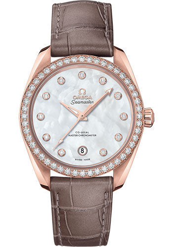 Omega Seamaster 220.58.38.20.55.001 Aqua Terra 150M Co-Axial Master Chronometer Ladies 38mm Sedna Gold Case - White Mother-Of-Pearl Diamond Dial - Taupe-Brown Leather Strap